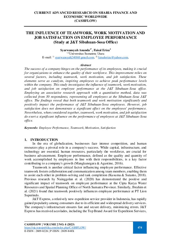 (PDF) The Influence of Teamwork, Work Motivation and Job Satisfaction ...