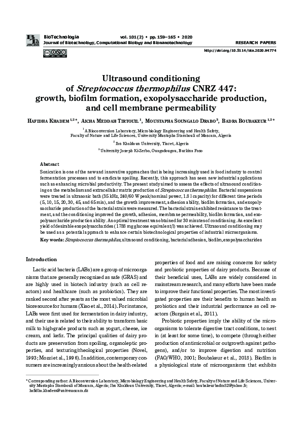 (PDF) Ultrasound conditioning of Streptococcus thermophilus CNRZ 447 ...