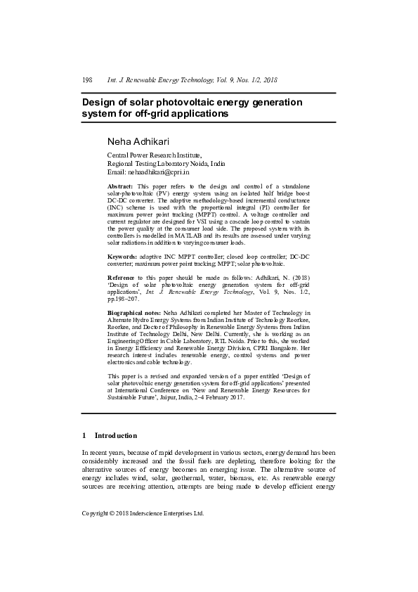 (PDF) Design of solar photovoltaic energy generation system for off ...