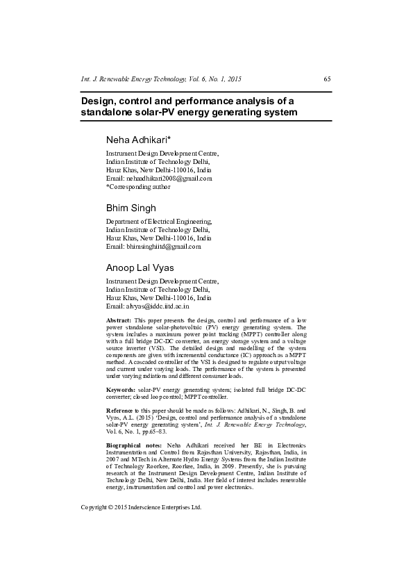 (PDF) Design, control and performance analysis of a standalone solar-PV ...