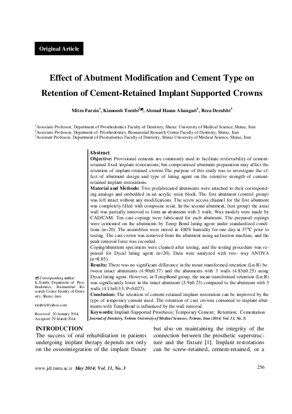 (PDF) Effect of abutment modification and cement type on retention of ...
