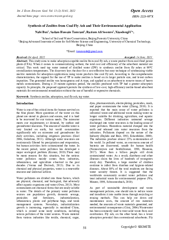 (PDF) Synthesis of Zeolites from Coal Fly Ash and Their Environmental ...