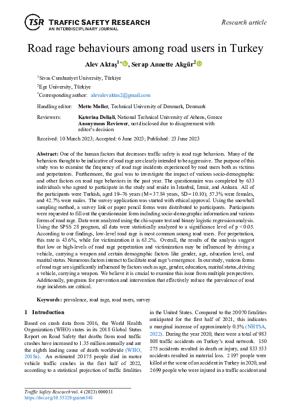 (PDF) Road rage behaviours among road users in Turkey