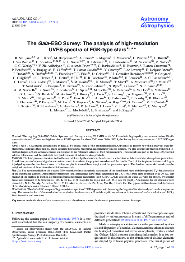 (PDF) The Gaia-ESO Survey: The analysis of high-resolution UVES spectra ...