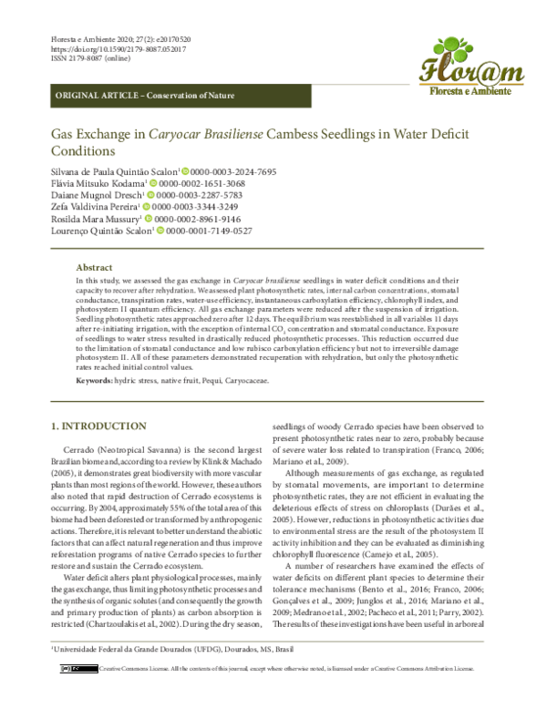 (PDF) Gas Exchange in Caryocar Brasiliense Cambess Seedlings in Water ...