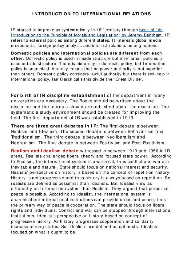 (PDF) Introduction to International Relations First Part Short Summary
