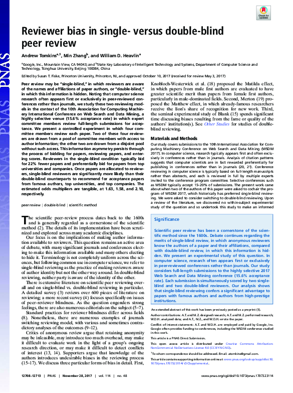 (PDF) Reviewer bias in single- versus double-blind peer review