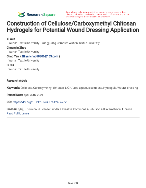 (PDF) Construction of cellulose/carboxymethyl chitosan hydrogels for ...