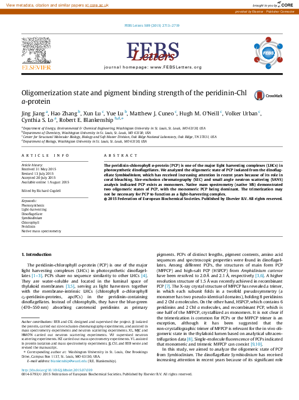 (PDF) Oligomerization state and pigment binding strength of the ...