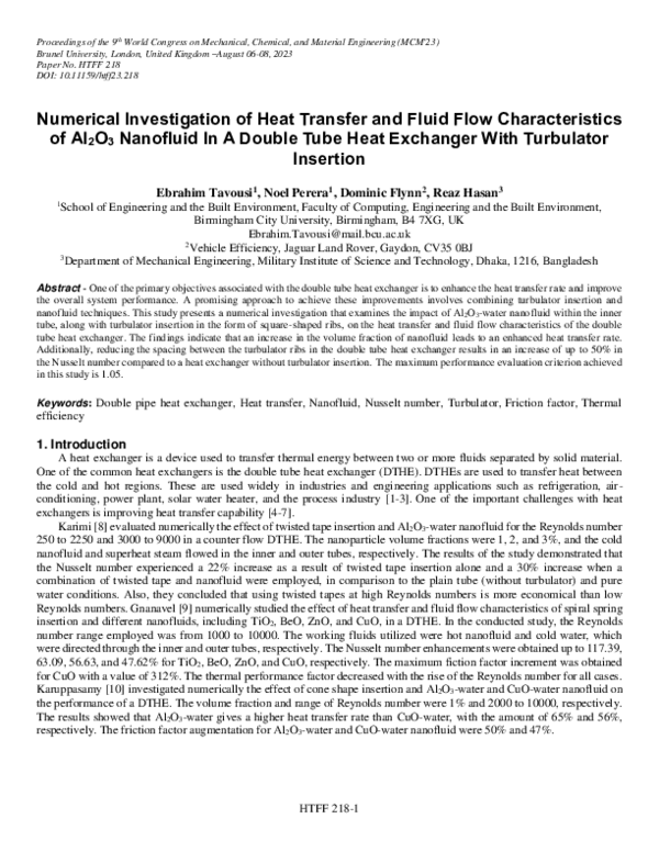 (PDF) Numerical Investigation Of Heat Transfer And Fluid Flow ...
