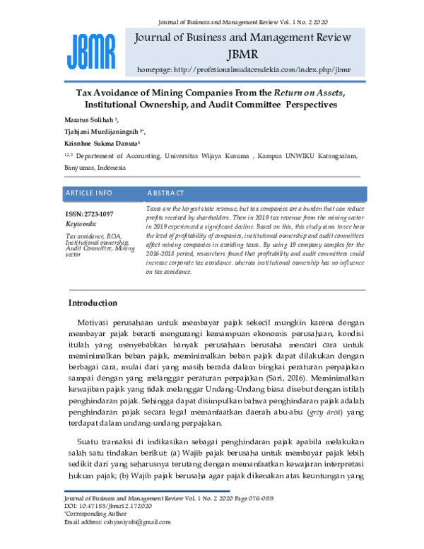 (PDF) Tax Avoidance of Mining Companies From the Return on Assets ...