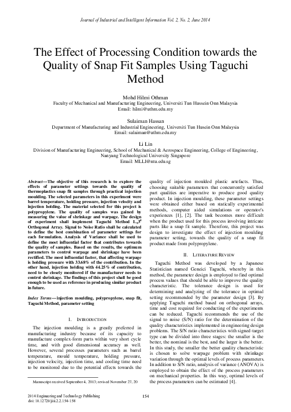 (PDF) Optimizing Snap Fit Quality via Taguchi Method