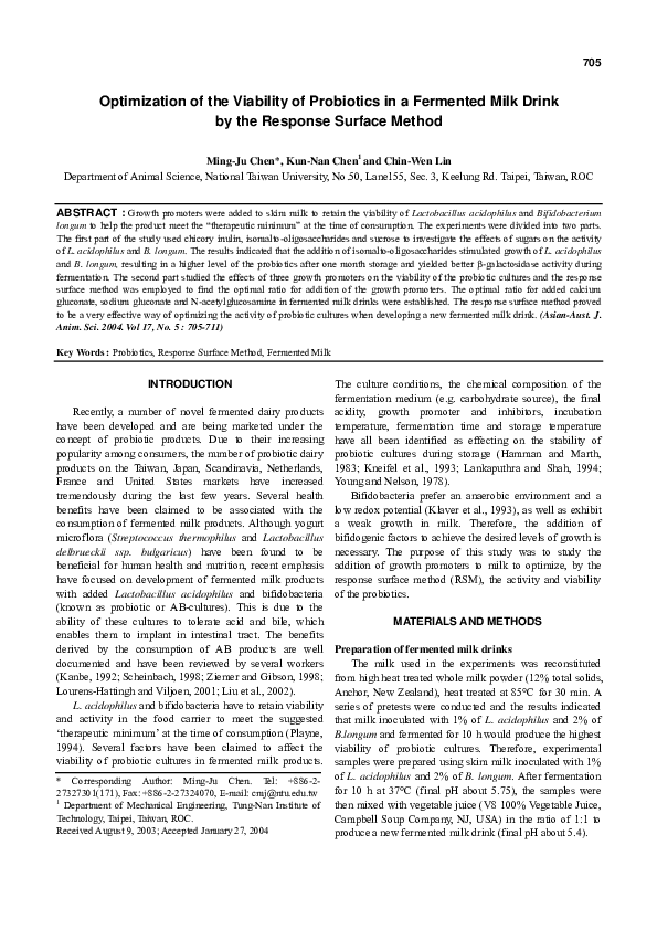 (PDF) Optimization of the Viability of Probiotics in a Fermented Milk ...