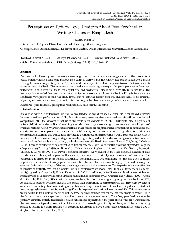 (PDF) Perceptions of Tertiary Level Students About Peer Feedback in ...