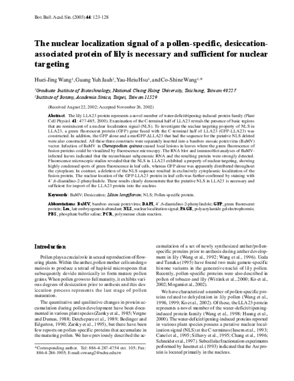 (PDF) The nuclear localization signal of a pollen-specific, desiccation ...