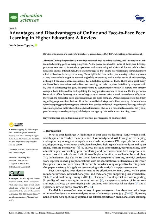 (PDF) Advantages and Disadvantages of Online and Face-to-Face Peer ...