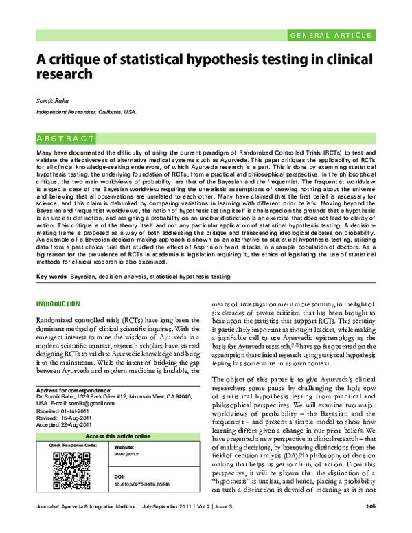 (PDF) A critique of statistical hypothesis testing in clinical research