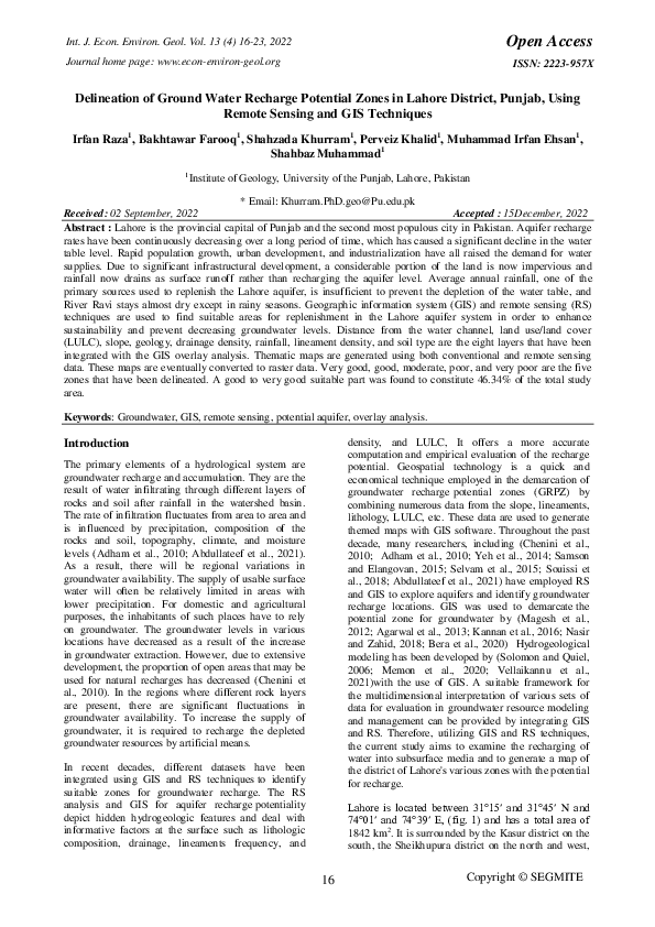 (PDF) Delineation of Ground Water Recharge Potential Zones in Lahore ...