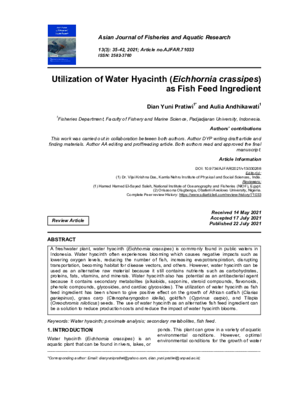 (PDF) Utilization of Water Hyacinth (Eichhornia crassipes) as Fish Feed ...