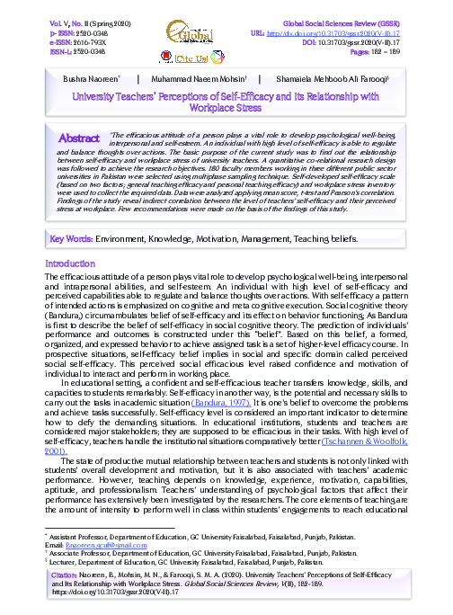 (PDF) University Teachers Perceptions of Self-Efficacy and Its ...