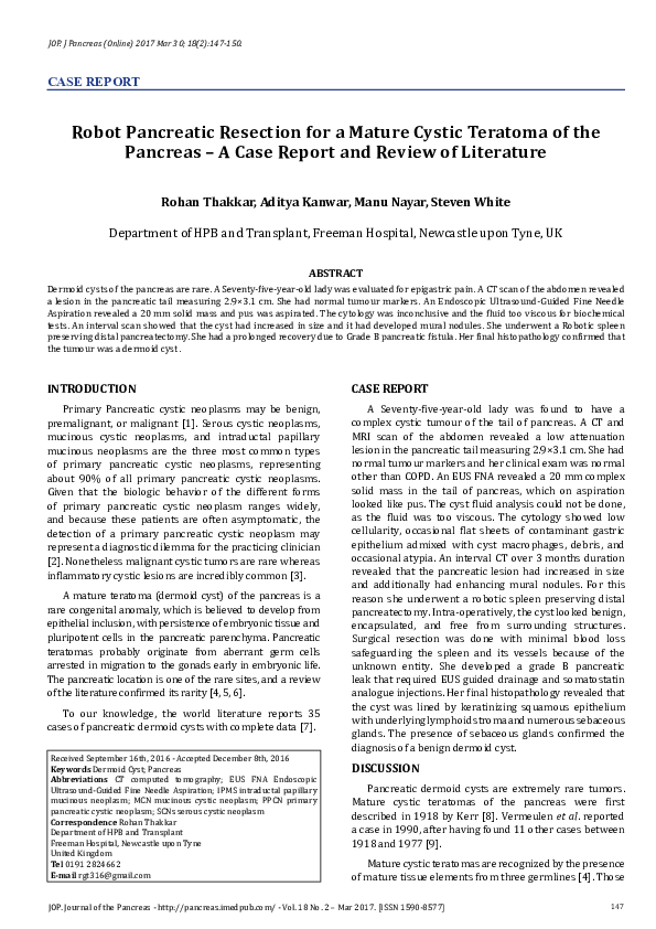 (PDF) Robot Pancreatic Resection for a Mature Cystic Teratoma of the ...