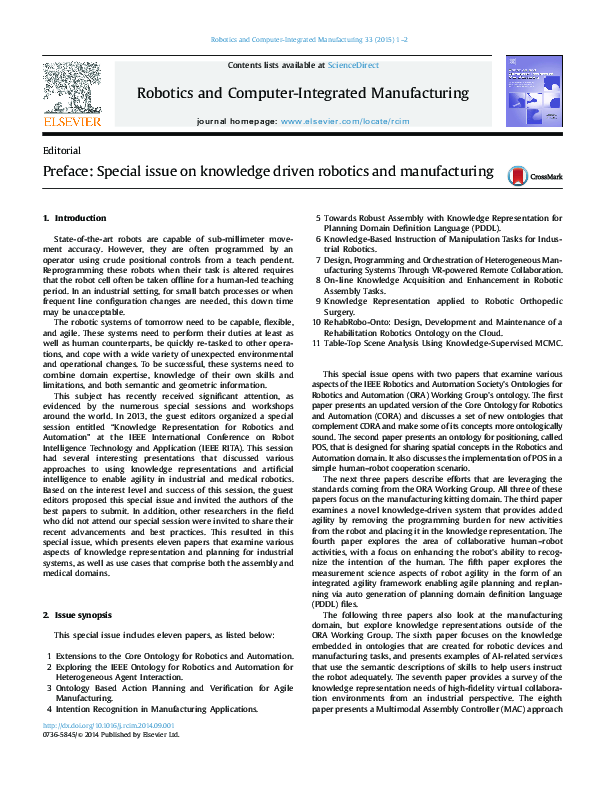 (PDF) Preface: Special issue on knowledge driven robotics and manufacturing