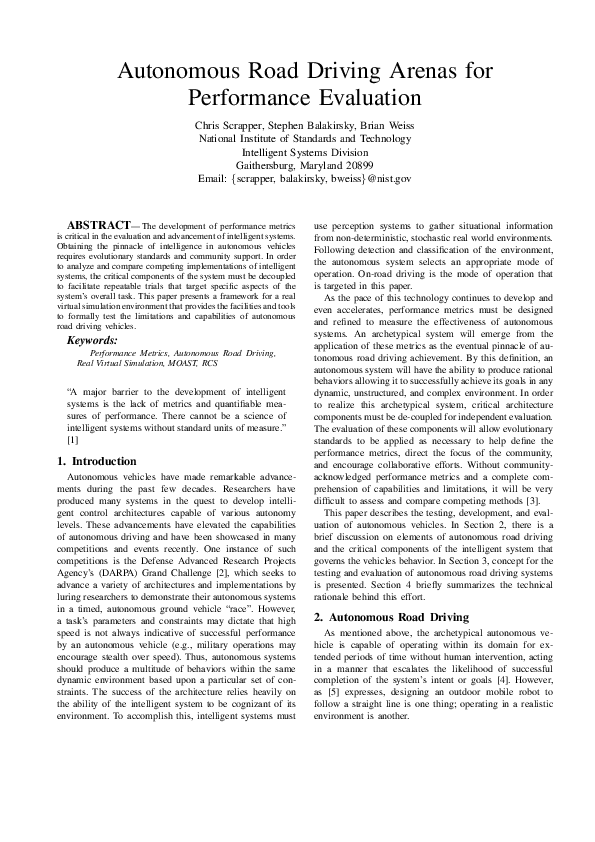 (PDF) Autonomous Road Driving Arenas for Performance Evaluation