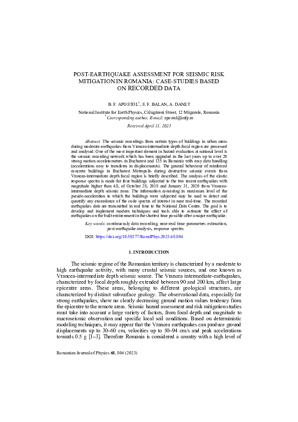(PDF) Post-Earthquake Assessment for Seismic Risk Mitigation in Romania ...