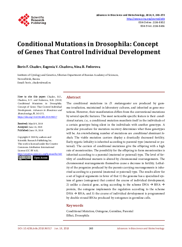 (PDF) Conditional Mutations in Drosophila: Concept of Genes That ...