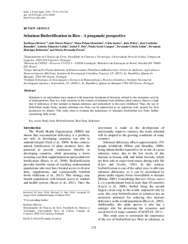 (PDF) Selenium Biofortification in Rice - A pragmatic perspective