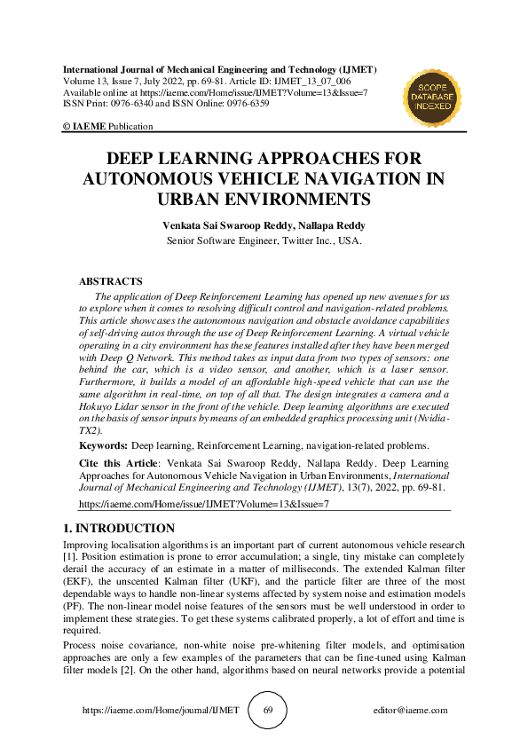 (PDF) DEEP LEARNING APPROACHES FOR AUTONOMOUS VEHICLE NAVIGATION IN ...