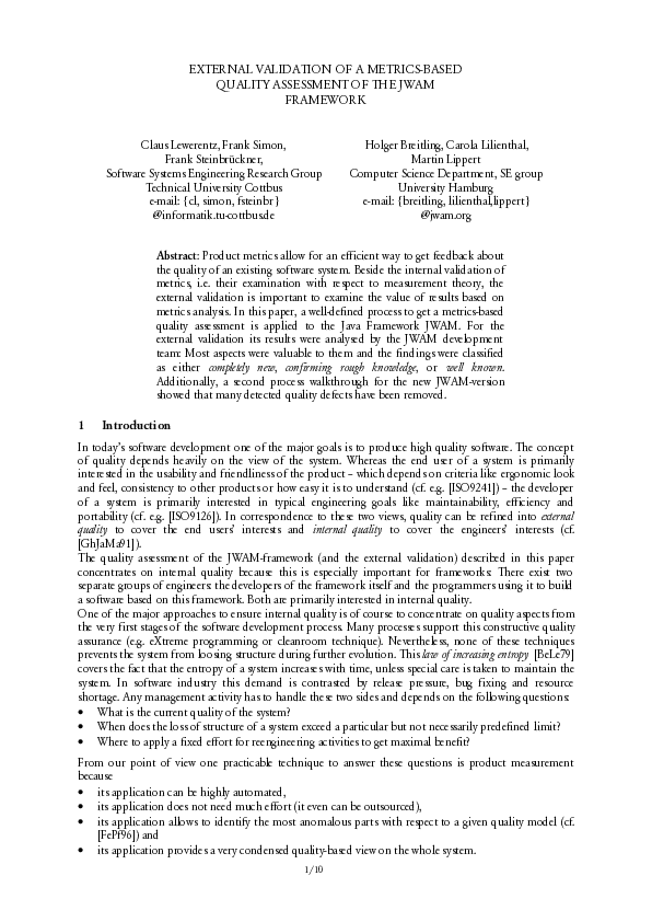 (PDF) External validation of a metrics-based quality assessment of the ...