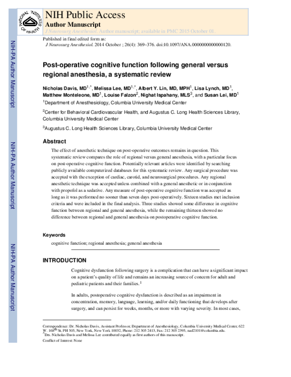 (PDF) Faculty of 1000 evaluation for Postoperative cognitive function ...