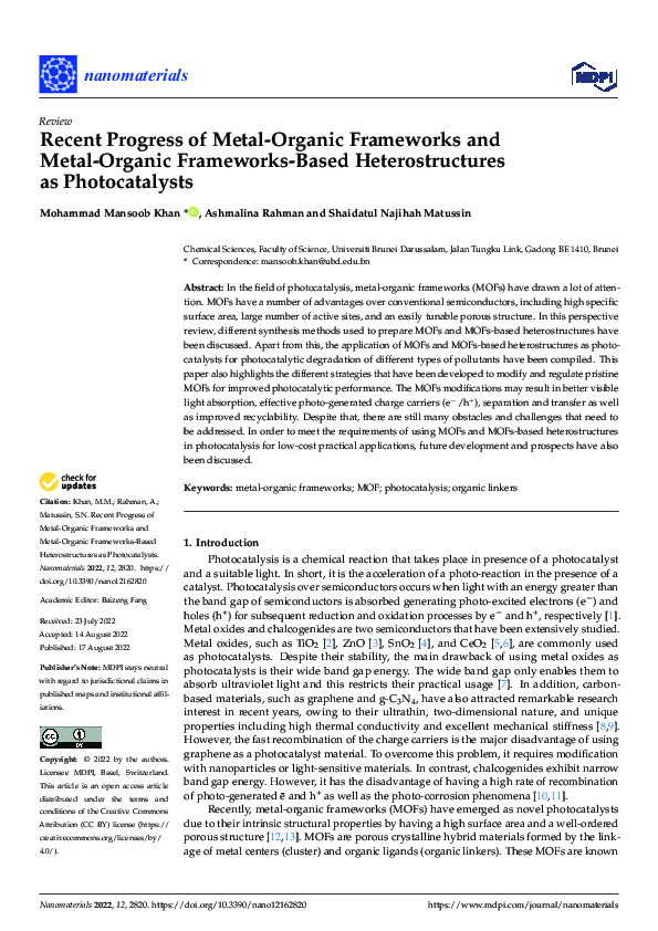 (PDF) Recent Progress of Metal-Organic Frameworks and Metal-Organic ...