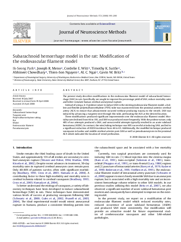 (PDF) Subarachnoid hemorrhage model in the rat: Modification of the ...