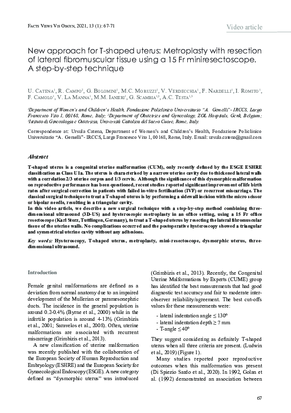 (PDF) New approach for T-shaped uterus: Metroplasty with resection of ...