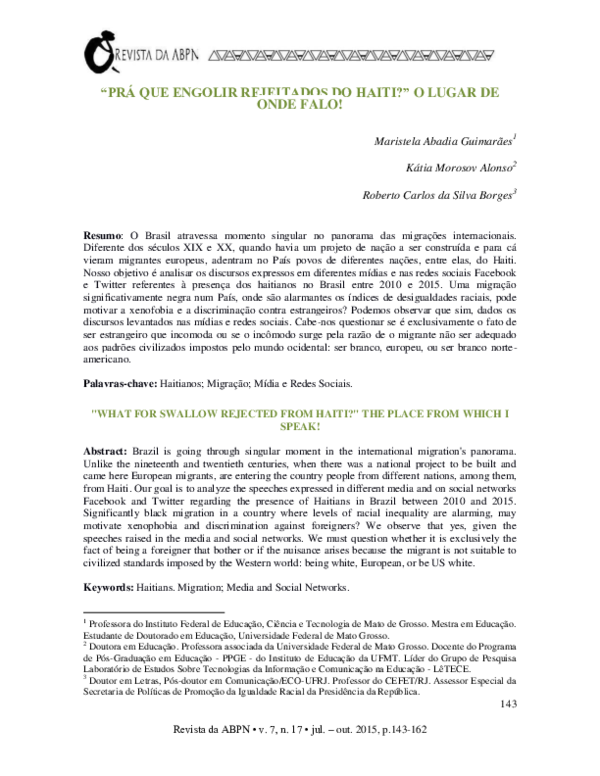 (PDF) “Prá Que Engolir Rejeitados Do Haiti?” O Lugar De Onde Falo ...