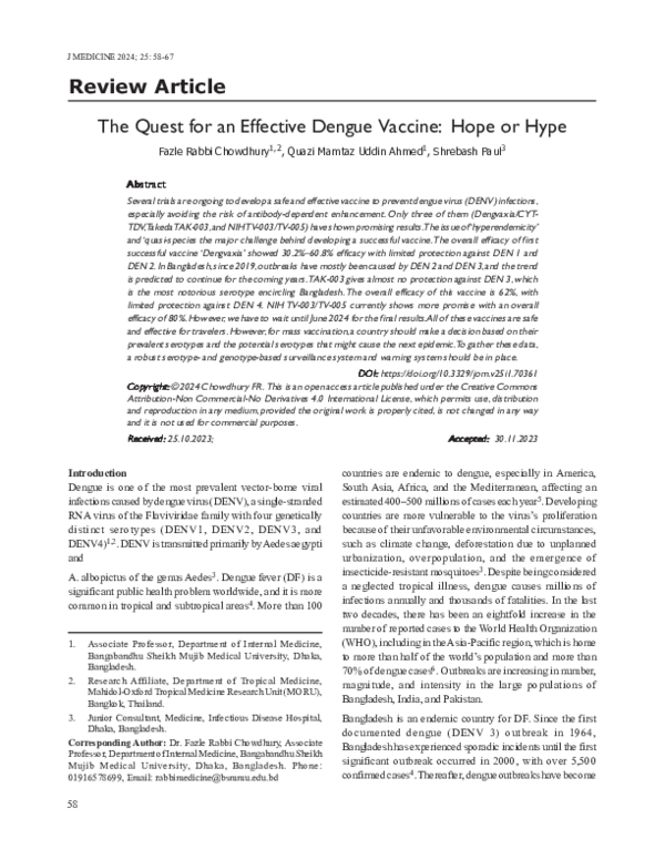 (PDF) The Quest for an Effective Dengue Vaccine: Hope or Hype