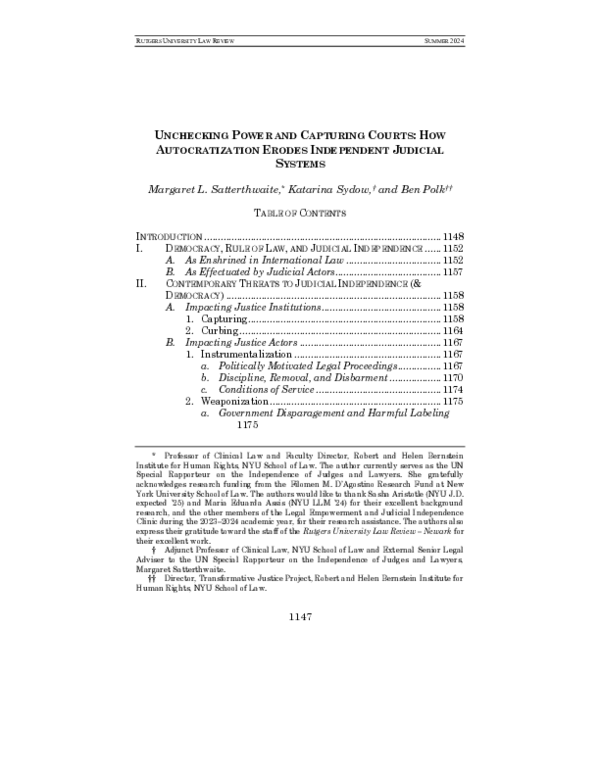 First page of “Unchecking Power and Capturing Courts: How Autocratization Erodes Independent Judicial Systems”