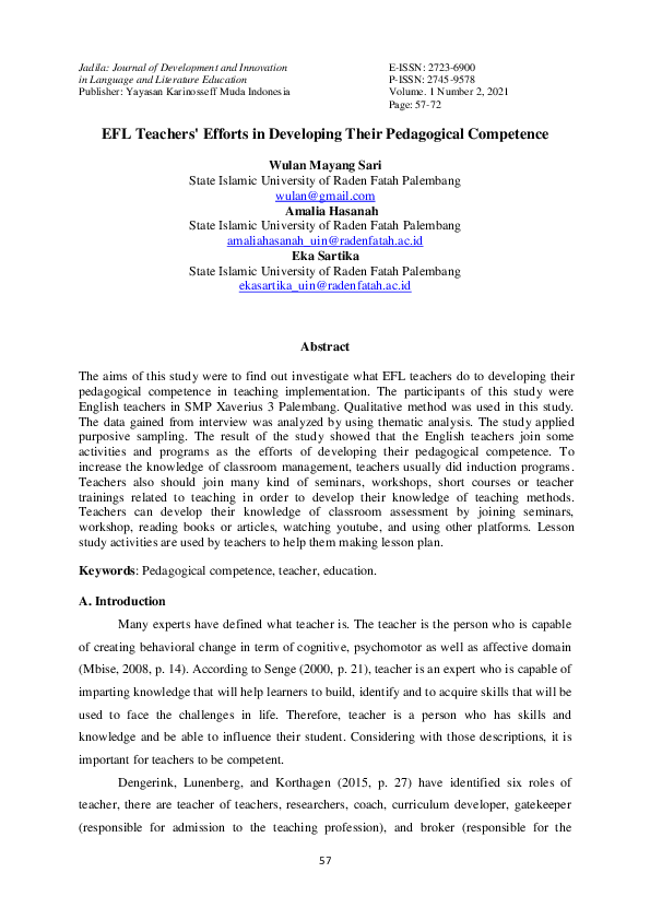 (PDF) EFL Teachers' Efforts in Developing Their Pedagogical Competence