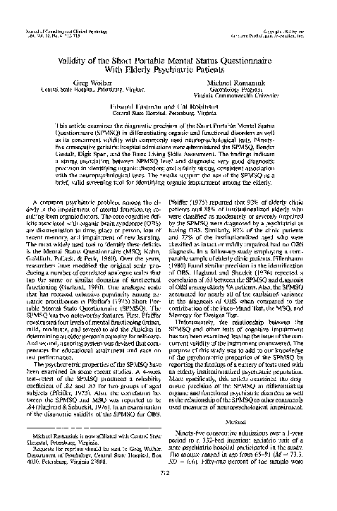 (PDF) Validity of the Short Portable Mental Status Questionnaire with ...