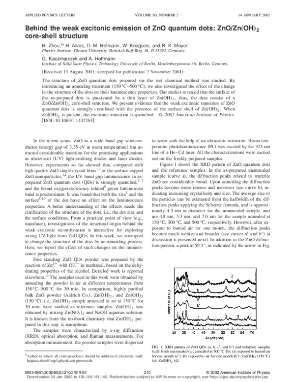 (PDF) Behind the weak excitonic emission of ZnO quantum dots: ZnO/Zn(OH ...