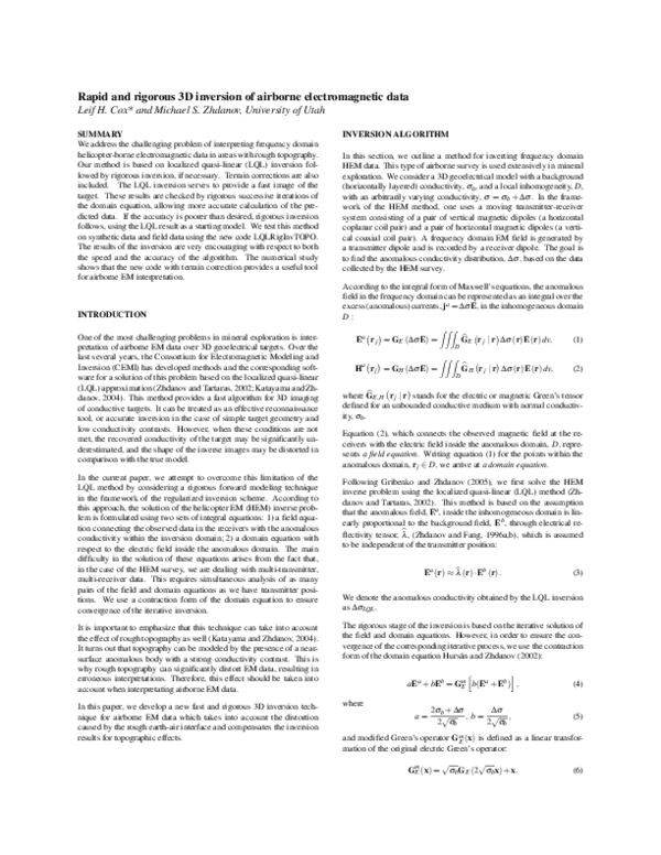 (PDF) Rapid and rigorous 3D inversion of airborne electromagnetic data
