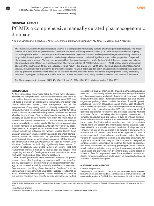 (PDF) PGMD: a comprehensive manually curated pharmacogenomic database
