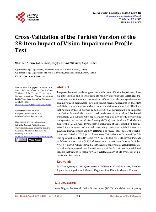 (PDF) Cross-Validation of the Turkish Version of the 28-Item Impact of ...