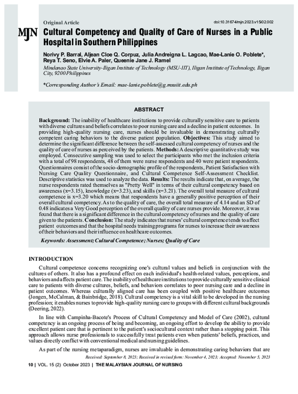 (PDF) Cultural Competency and Quality of Care of Nurses in a Public ...