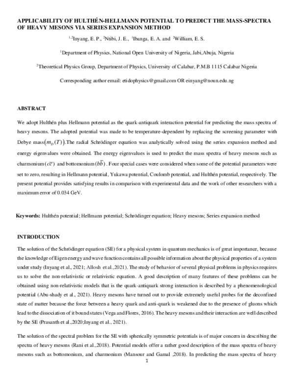 (PDF) Applicability of Hulthen-Hellmann potential to predict the mass ...
