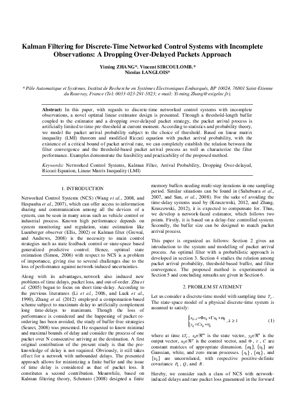 (PDF) Kalman Filtering for Discrete-Time Networked Control Systems with ...