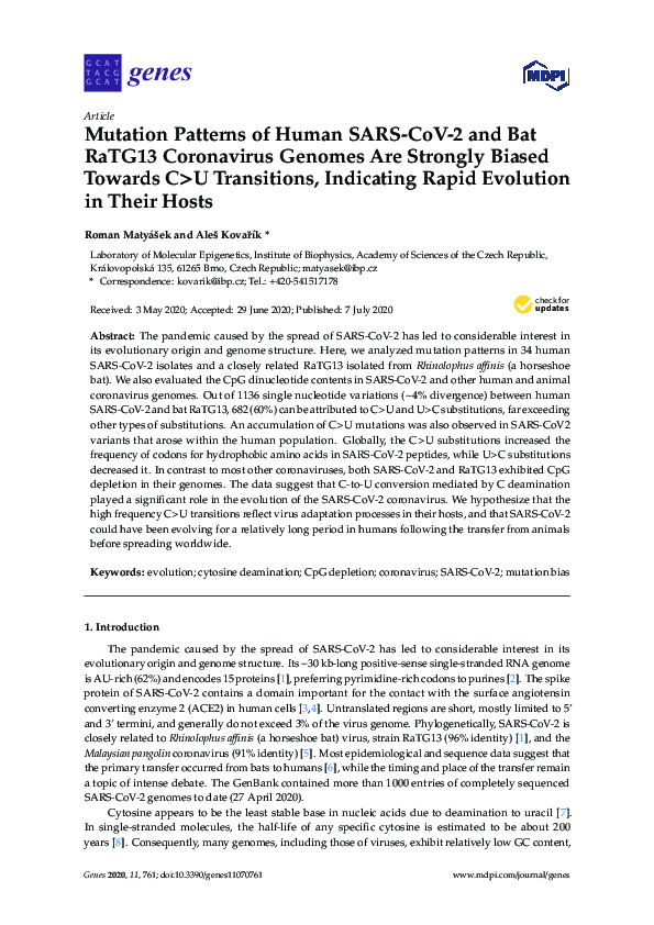 (PDF) Mutation Patterns of Human SARS-CoV-2 and Bat RaTG13 Coronavirus ...