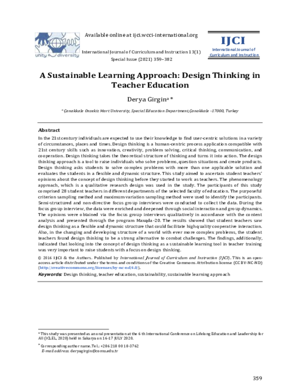 (PDF) A Sustainable Learning Approach: Design Thinking in Teacher Education